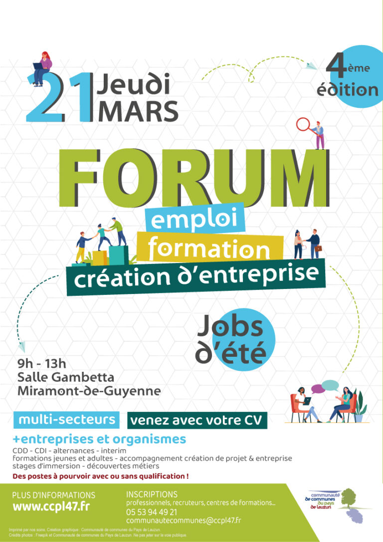 Affiche Forum de l'emploi, de la formation et de la création d'entreprises 2024 en Pays de Lauzun, Miramont de Guyenne, le 21 mars.